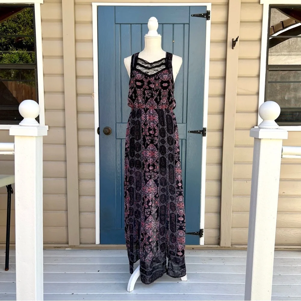 Free People Black and Pink Boho Lace-Trim Maxi Dress Women Size 4